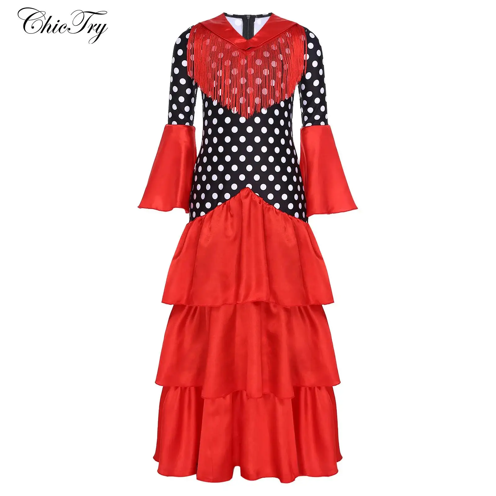 Kinder Mädchen Flamenco-Tanzkleid Halloween Cosplay Spanischer Stierkampf Tanzkleidung Ausgestellte Ärmel Abgestufte Rüschen Polka Dots Performance