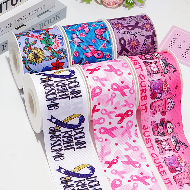 5 Yards  Caring For Breast Cancer Printed Grosgrain Ribbons For Hair Bows DIY Handmade Materials 79644