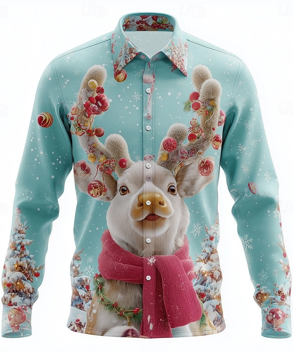 

2025 Christmas-themed men's snowflake and animal print shirt with buttons, casual long-sleeved shirt, street shirt