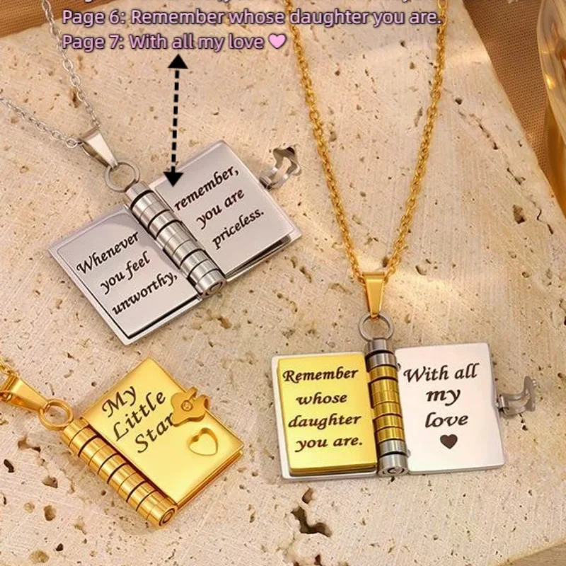 Stainless Steel My Little Star Book Pendant Necklace Openable Design 7 Pages Engraving Gift for Daughter Women's Sweater Chain