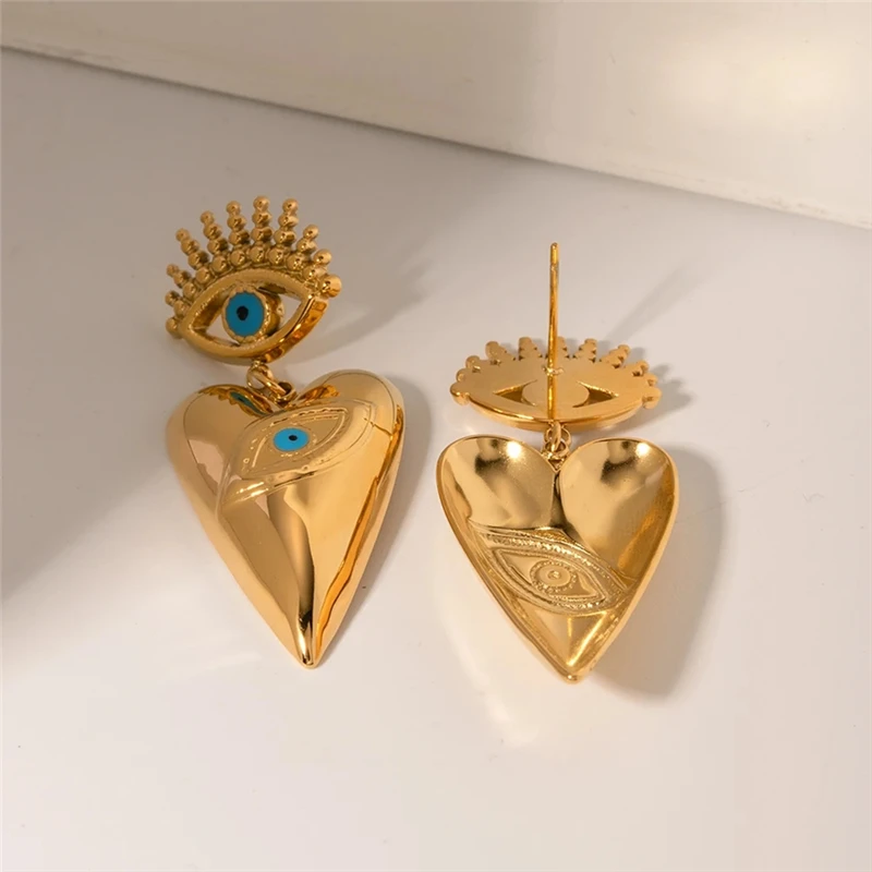 HangZhi Blue Devil\'s Eye Large Heart Pendant Earring Stainless Steel Gold Color Chunky Vintage Y2K Huge Drop Jewelry New In