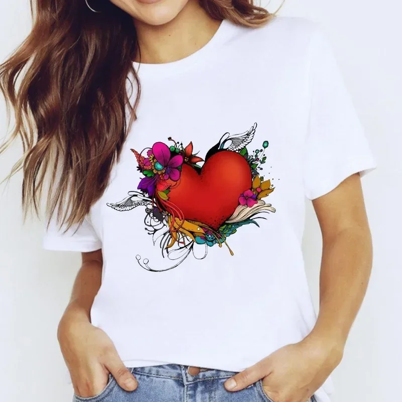 LOCK ZIPPER HEART Print Women T Shirt Short Sleeve O Neck Loose Women Tshirt Ladies Tee Shirt Tops Camisetas Mujer