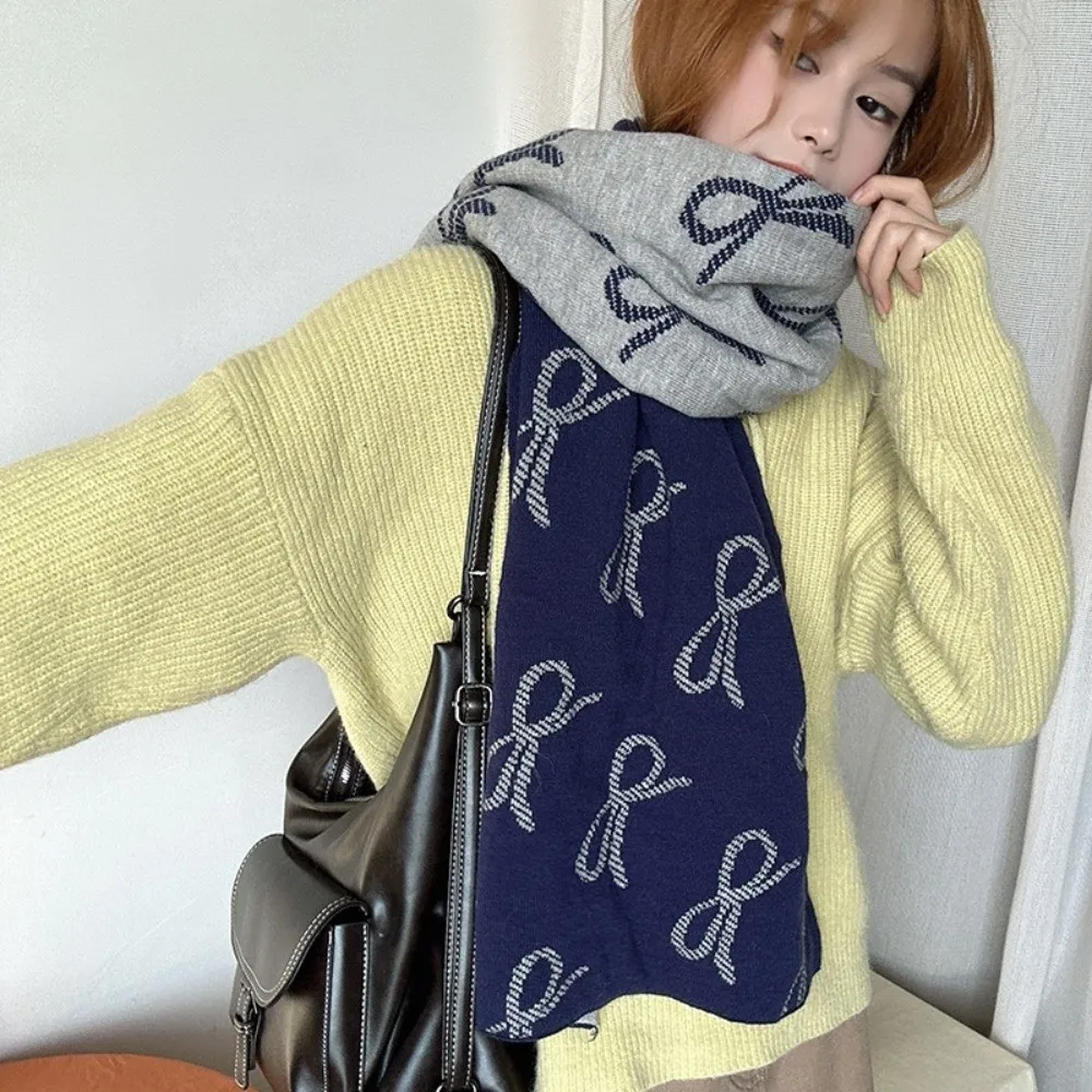 

Fashion Lightweight Bow Scarf Korean Style Two-sided Imitation Wool Scarf Warm Windproof Winter Shawl Gift