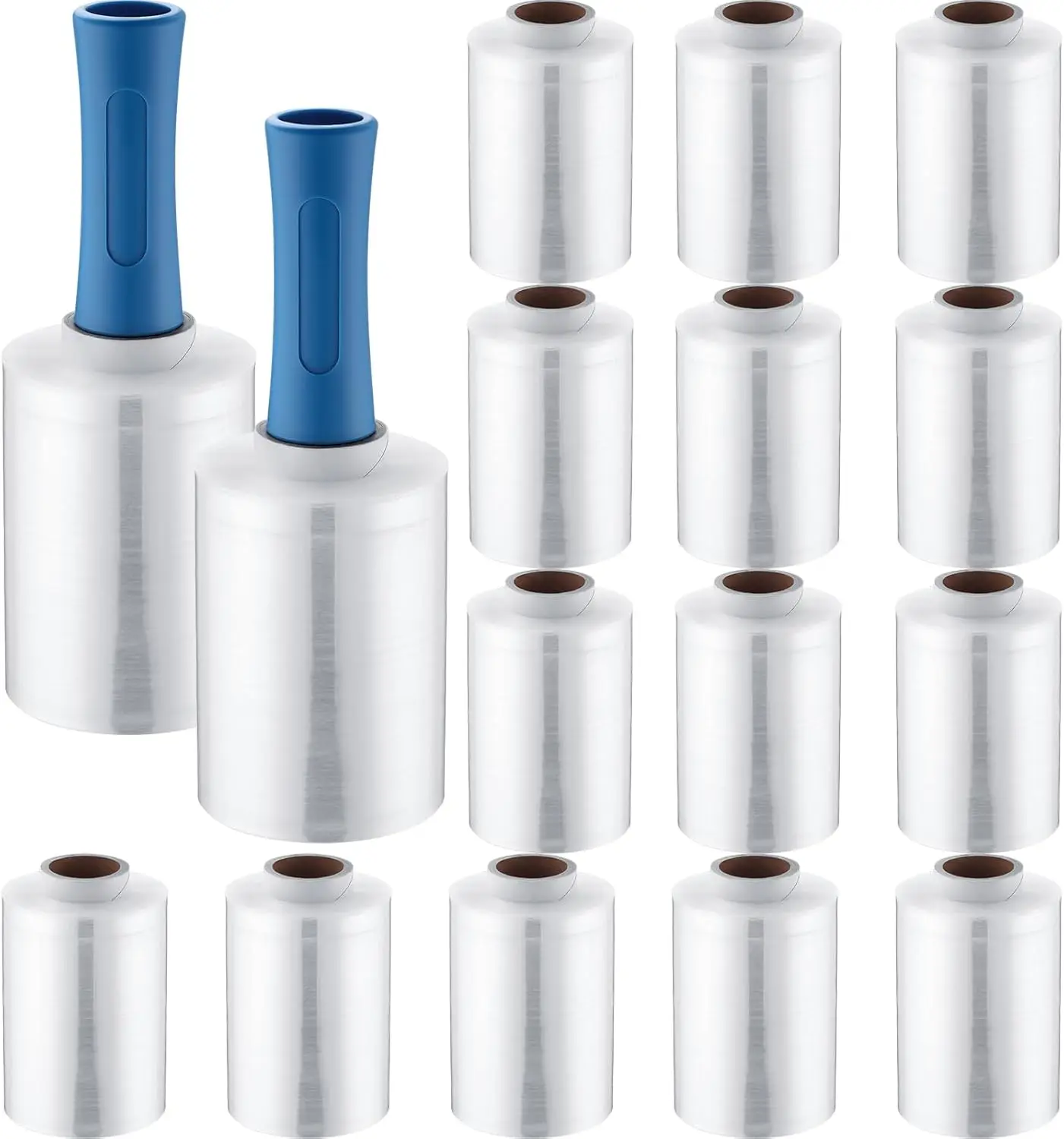 

16 Pcs Mini Stretch Wrap 5" x 1000 ft Industrial Shrink Film with 2 Handles for Moving, Packing, Pallet Wrap, Self-Adhering, Clear & Blue