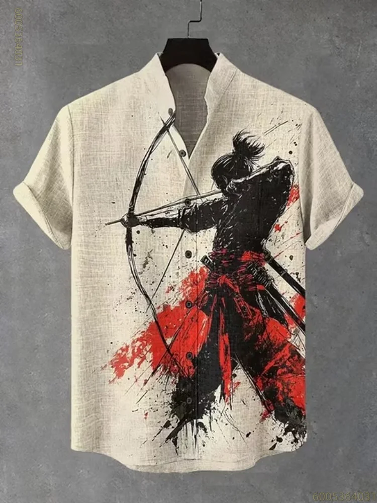 Men's Archery Warrior Print Hawaiian Men's Stand Collar Short Sleeve Shirt Commuting Comfortable Casual Loose Versatile Shirt