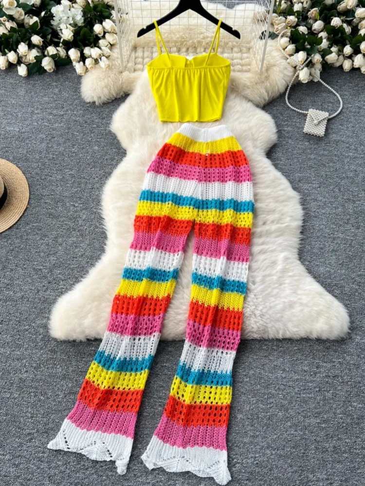 Women Summer Sexy Sleeveless Short Strap Tops Hollow Out Knitted Colorful Stripes Long Flare Pants Boho Beach Two Piece Suits