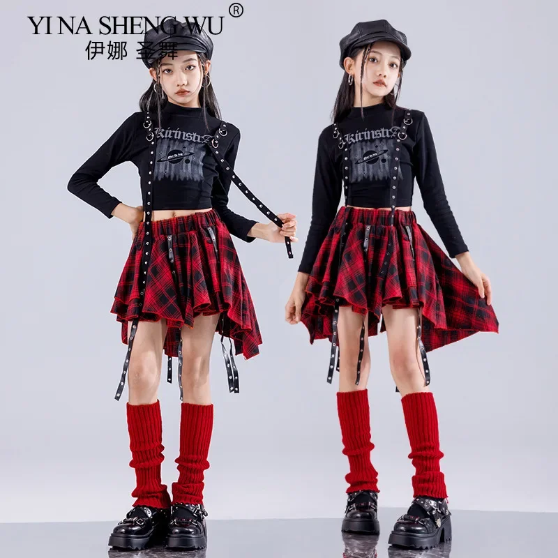 طفل الهيب هوب ملابس رقص الجاز أحمر أسود المحاصيل الأعلى والسراويل البضائع 2 في 1 تنورة مجموعة الفتيات K-pop الشارع الشهير أداء الزي #4