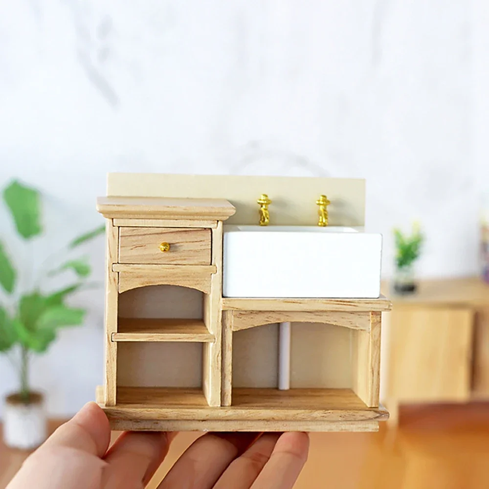 1Pcs 1/12 Dollhouse Miniature Accessories Mini Wooden Wash Stand Model Washbasin Toys for Doll House Decoration