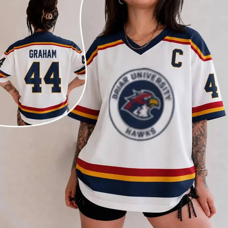 Briar University Hawks Graham 44 Oversized Hockey Jersey T-Shirt Breathable Casual Streetwear Unisex Short Sleeve
