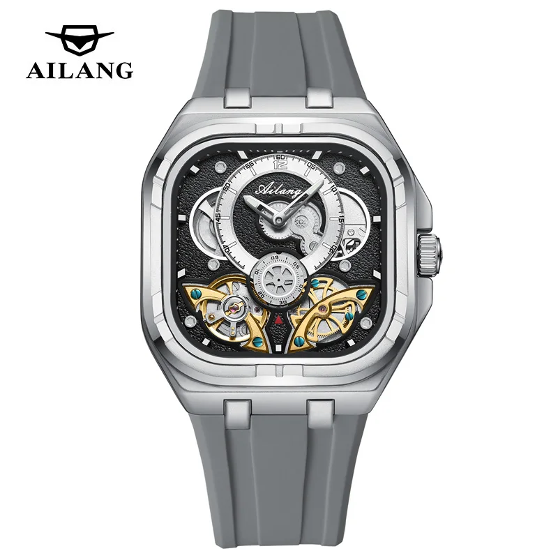 

AILANG Фирменные новые роскошные механические часы с турбийоном для мужчин, спортивные часы с силиконовым ремешком, автоматические часы-скелетон, мужские часы Reloj Hombre