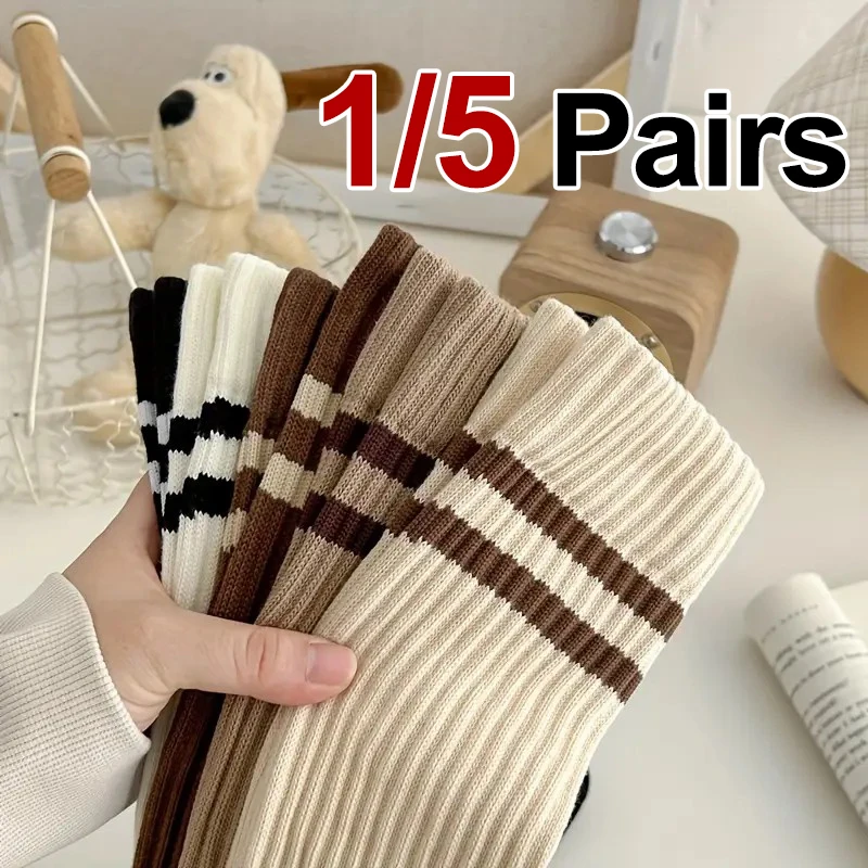 1/5 Paar warme gestrickte Wadensocken für Damen, Herbst und Winter, weich, bequem, modisch, gestreift, College-Stil, schmale Passform, gestapelte Socken