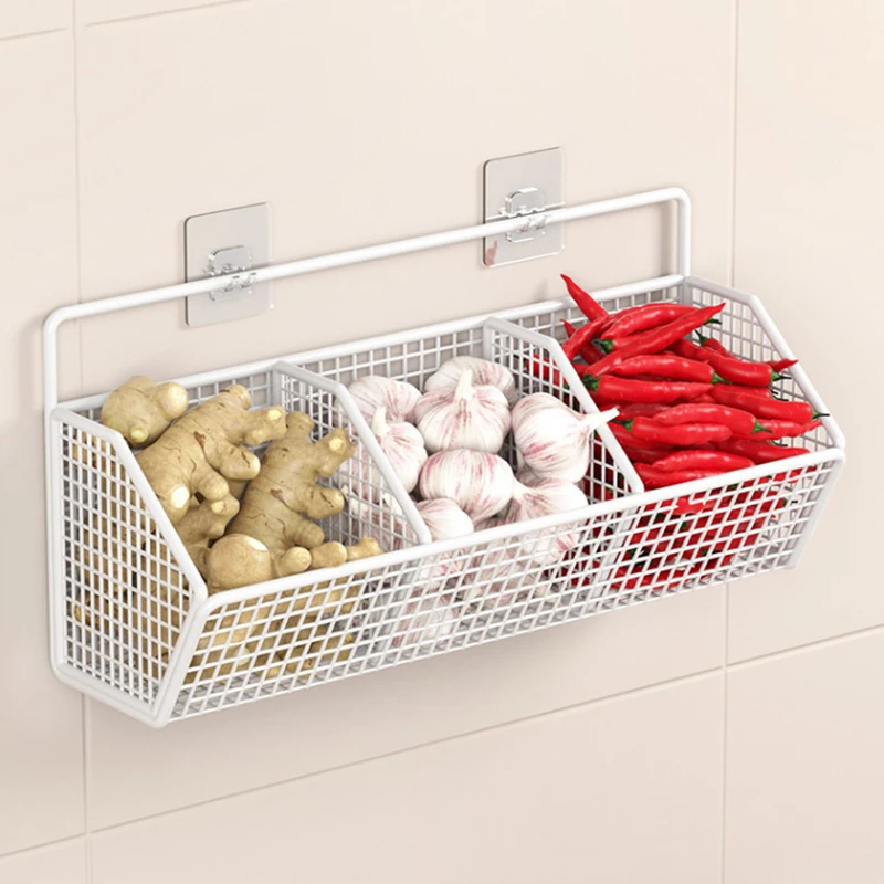 Wall Mounted Storage Basket Kitchen Onion Ginger Garlic Seasoning Spice Shelf No Rinse Vegetable Fruit Drainage Basket