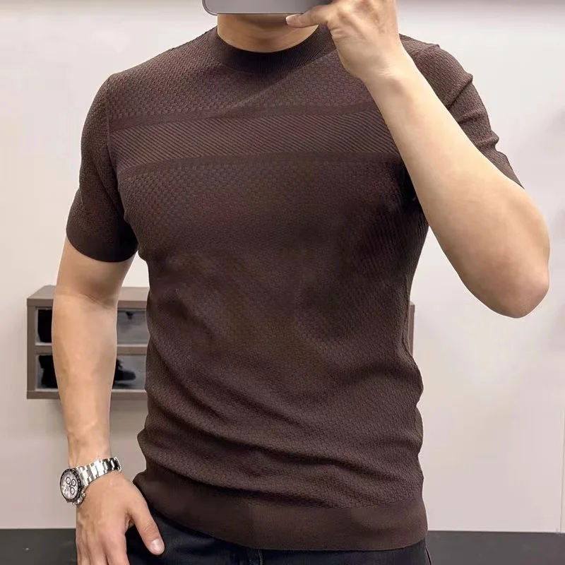 

2025Spring/Summer New Knitted Short Sleeve T-shirt for Men Trendy and Versatile Breathable Round Neck Simple European Casual Top