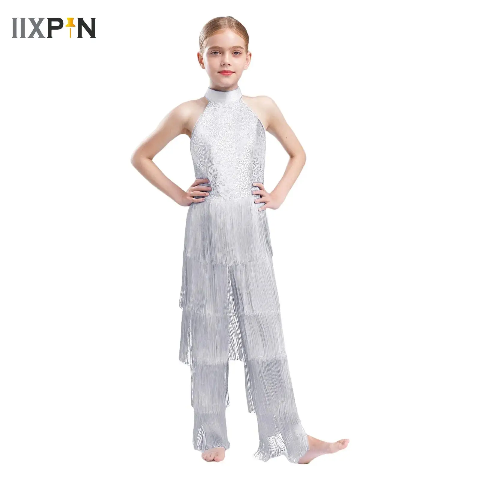 

Sequins Tiered Tassel Jumpsuit for Kids Girls Latin Cha Cha Dance Performance Samba Fringe Pants Full Bodysuit Leotard Dancewear