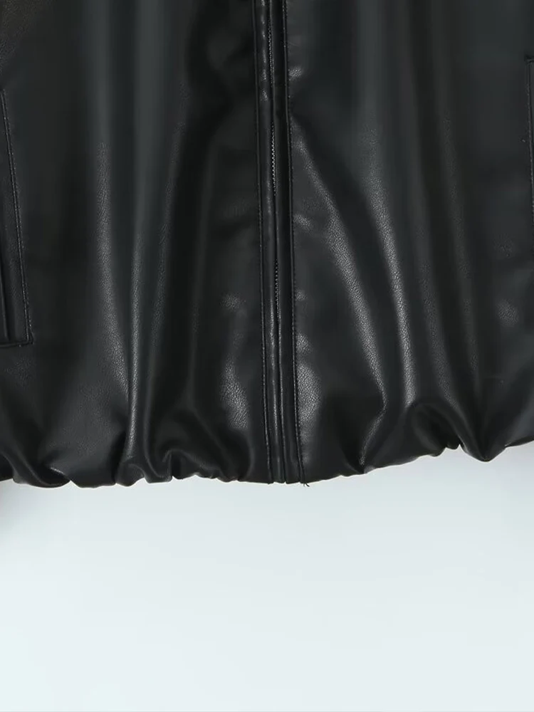 Modische und vielseitige Damenjacke aus einfarbigem Kunstleder mit Bomberkragen und langen Ärmeln im europäischen Stil.