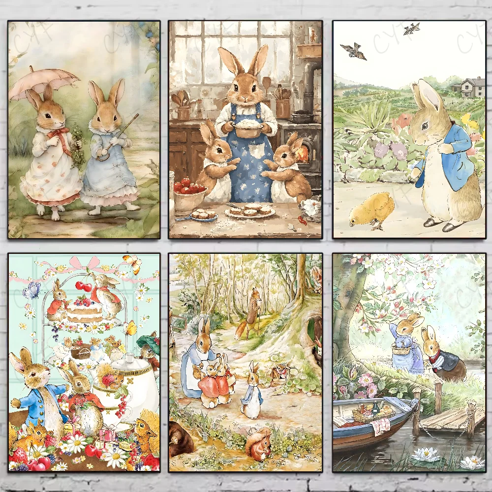 Kawaii P-Peter Rabbit Cute Poster Waterproof Wall Art Sticker For Bar Living Room Decor High Quality Print A Gift For Children