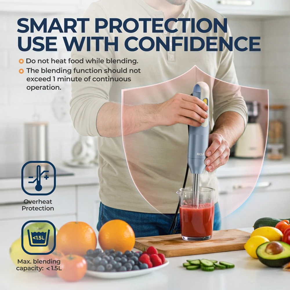 خلاط يدوي، خلاط يدوي غاطس مع شفرات من الفولاذ المقاوم للصدأ لخلط طعام المطبخ، أزرق فاتح، أساسي كلاسيكي