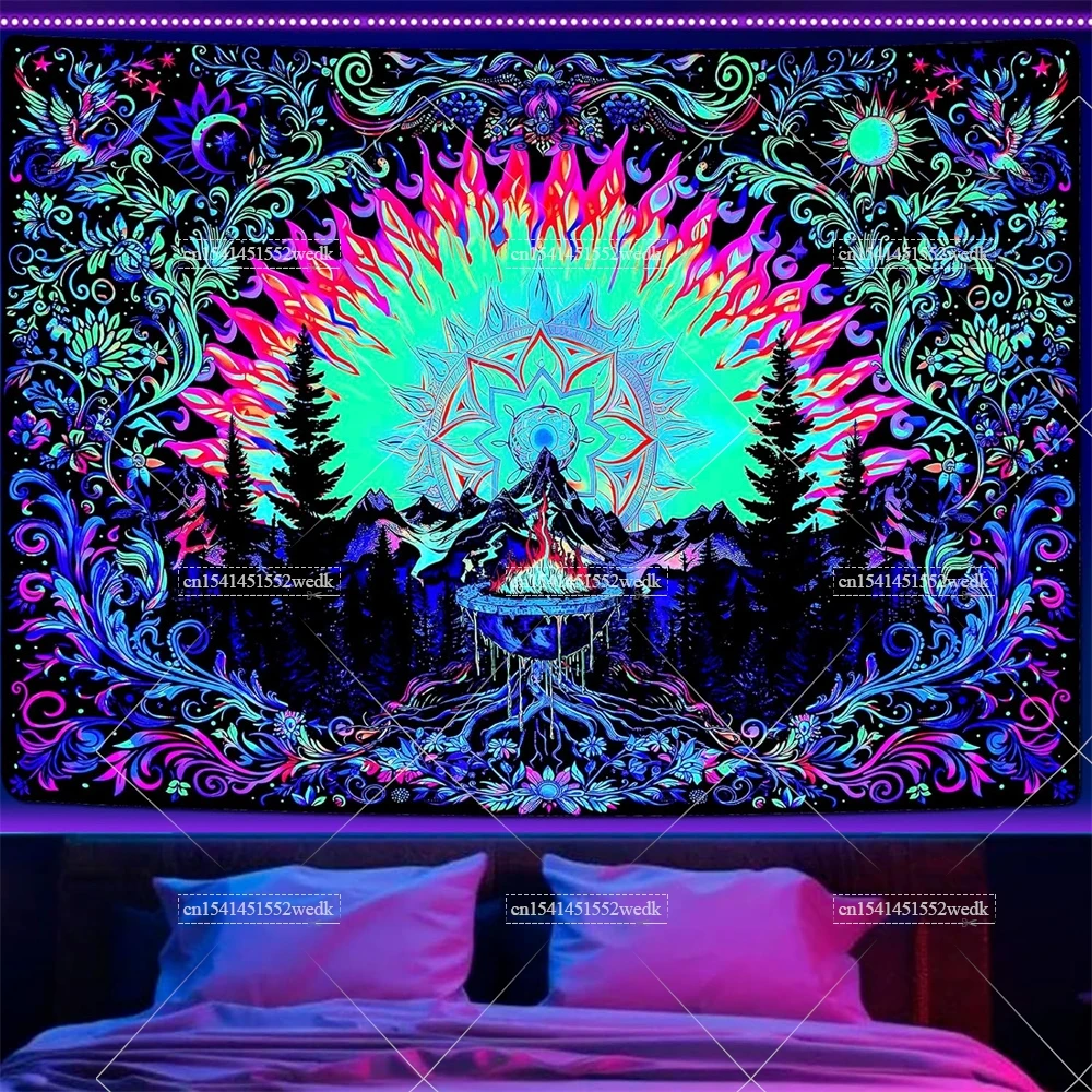 Blacklight Sun Tapestry UV Reactive Mandala Tapestries Neon Mountain Forest Tapestry Wall Hanging Aesthetic Black Light Tapestry