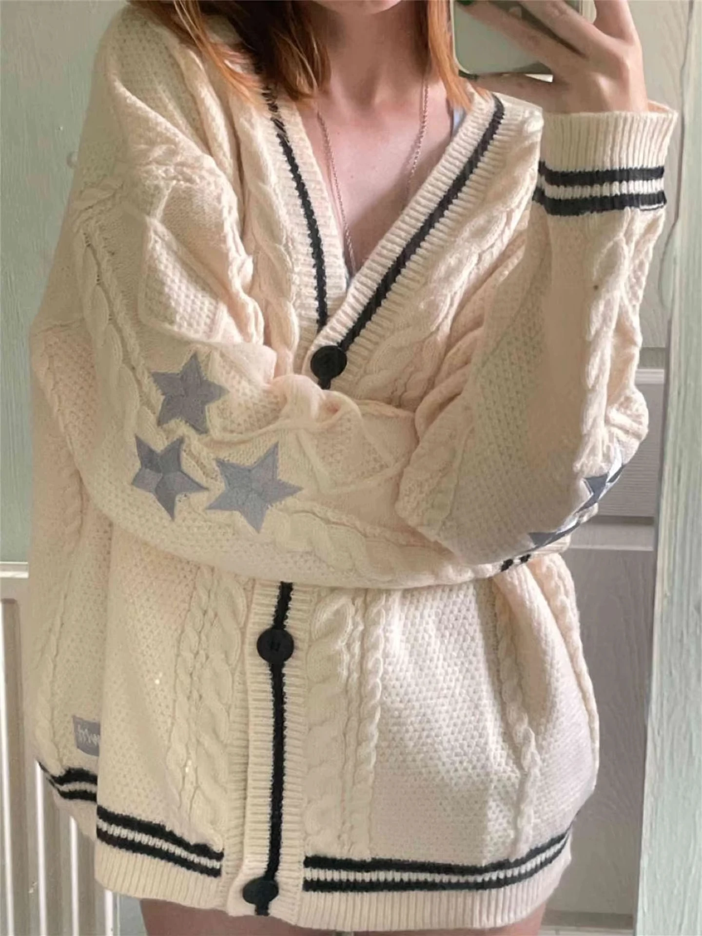 Vintage Embroidery Star Loose Sweaters for Women Long Sleeve Single Breasted Oversize Knitted Cardigans Taylor Long Sleeve Top