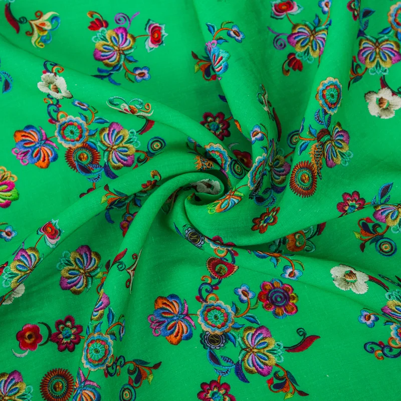 small green flowers  Pure Ramie Cloth Printed Fabric For Dresses Robe Summer Thin cheongsam linen fabric for clothing