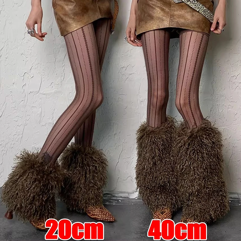 2026 Y2K خمر الأبيض البني فو الفراء جوارب السيقان شتاء دافئ فروي الأحذية جوارب موضة غامض أفخم الأحذية الأصفاد غطاء الجوارب
