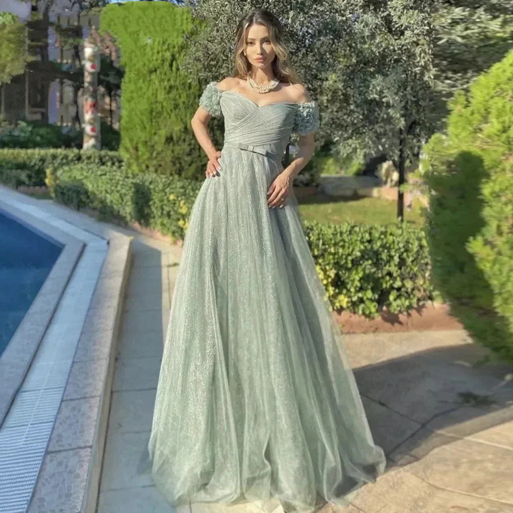 Flavinke Off The Shoulder Green Pleat Prom Cocktail of Formal Dresses for Women Party Wedding Evening Gown Long Dress Robe