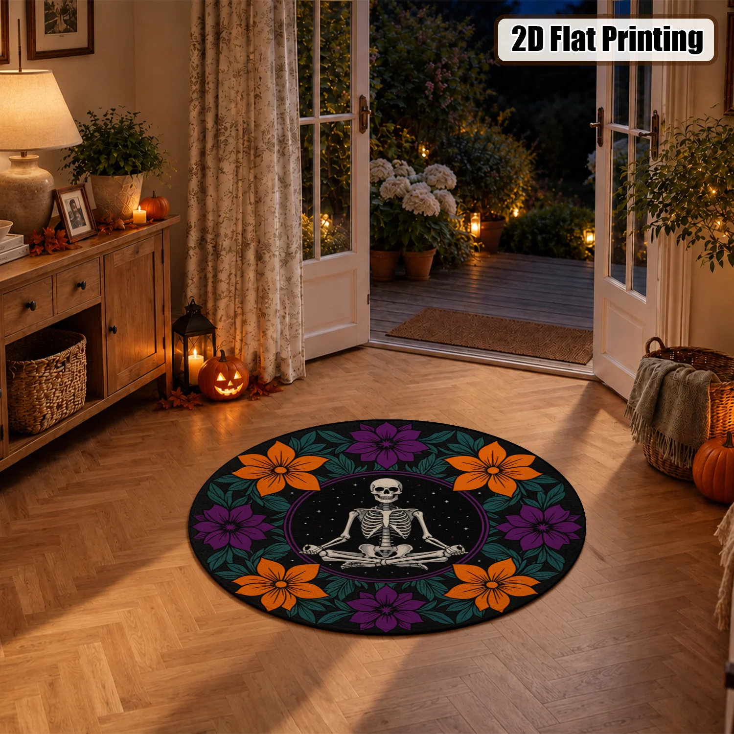 Meditating Skeleton Orange Purple Floral Pattern Round Velvet Area Rug, Machine Washable Soft Plush Rug for Living Room, Bedroom, Meditation Corner, Entryway, Ideal for Halloween, Thanksgiving, Christmas, New Year Decor