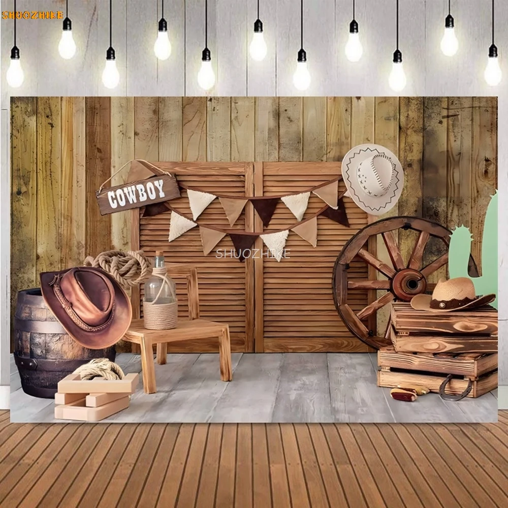 Wood Rustic Cowboy Backdrop for Photography Farm Barn Western Cowgirl Boy Baby Happy Birthday Party Decor Photo Background Props