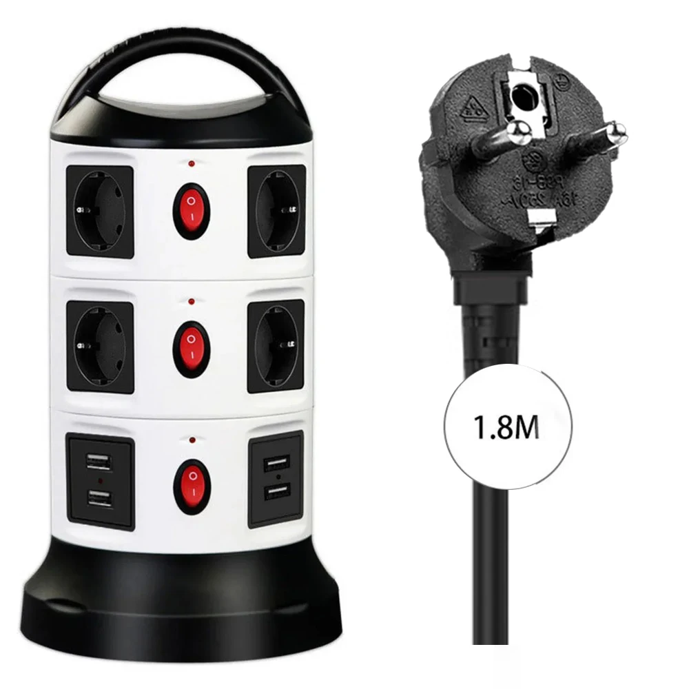 EU Plug 2/3 Layers Tower Power Strip Vertical Socket Surge Protector Outlets with USB Individual Switches 1.8m Cord Home Office