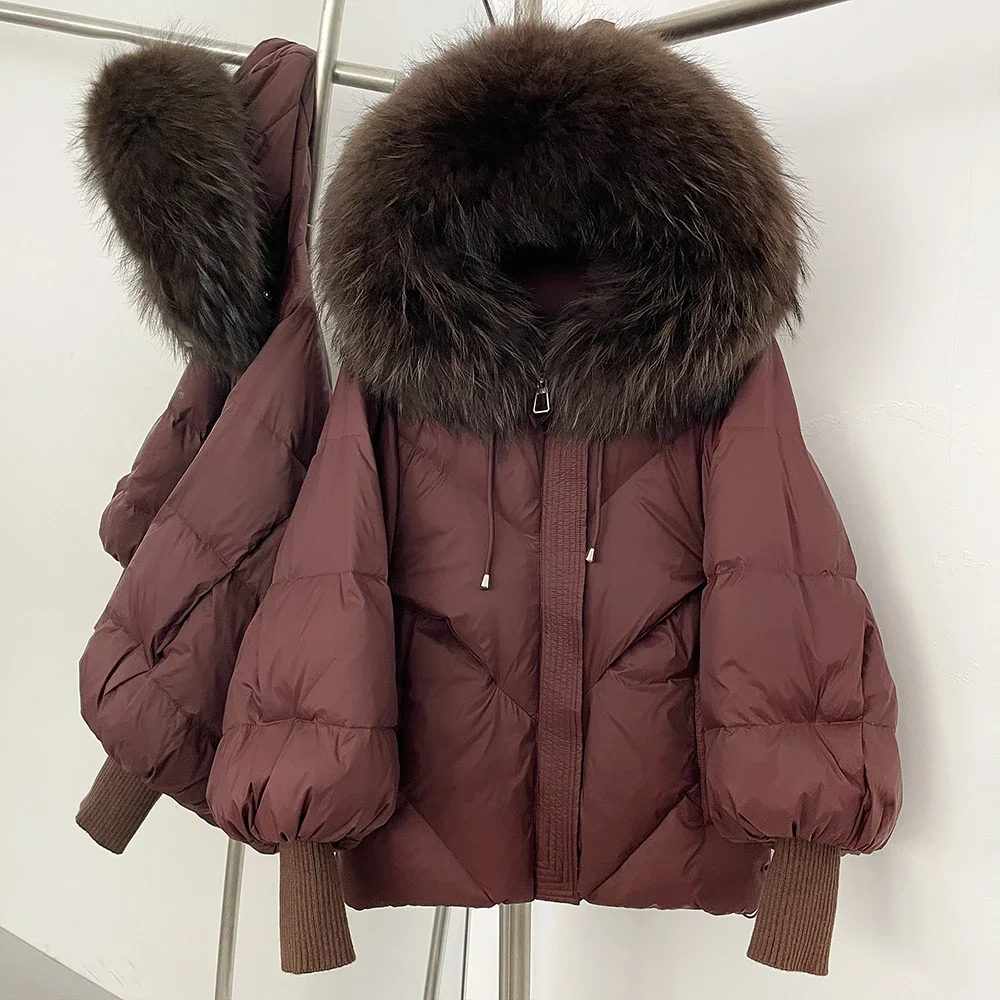 

Reality Fur Jacket Hooded Women Winter Real Fox Fur Raccoon Fur Collar Thick Warm Duck Down Coat Loose Fur Detachable Outerwear