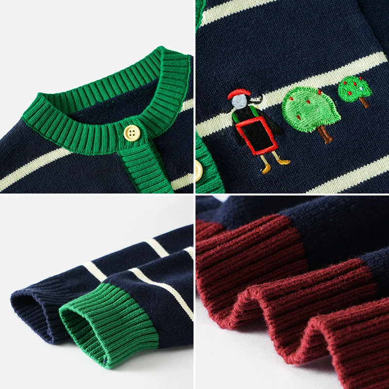 2024 Boys Striped Knitted Sweater Autumn Children Korean Knitting Cardigan Cartoon Embroidered Round Neck Sweaters Thin Coat