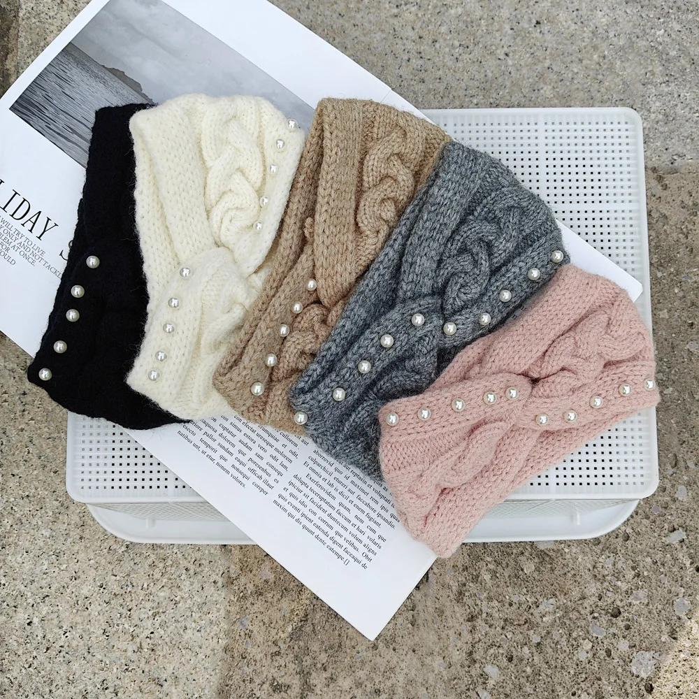 New Wide Cross Pearl Knitting Headbands for Woman Winter Warm Hairband Elastic Sports Headwear Girls Hair Band Hair Accessories