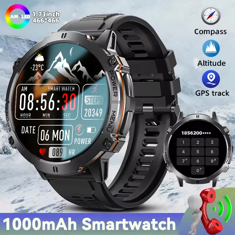 

New 1000mAh Battery Smart Watch Men 1.73-inch AMOLED Bluetooth Call Health Monitor GPS Compass Watch 5ATM Waterproof Smartwatch