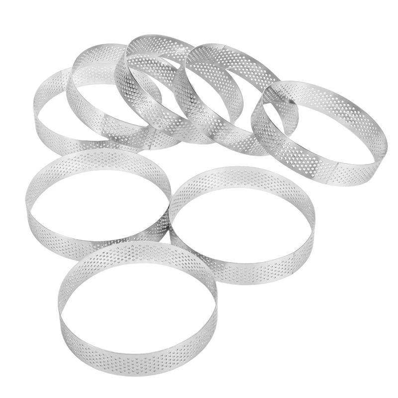 A47U 8Pcs Stainless Steel Tart Ring, Heat-Resistant Perforated Cake Mousse Ring Round Double Rolled Tart Ring Metal Mold 10cm