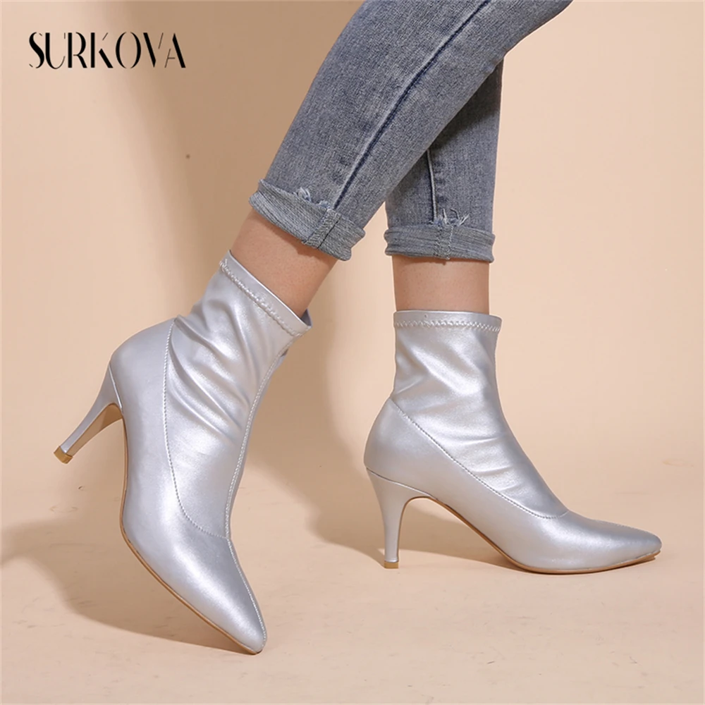 

2023 New Lady Silver Shallow Mouth Woman's Short Boots Pointed Toe Thin Heels Pumps Spring and Autumn Fashion Women's Shoes