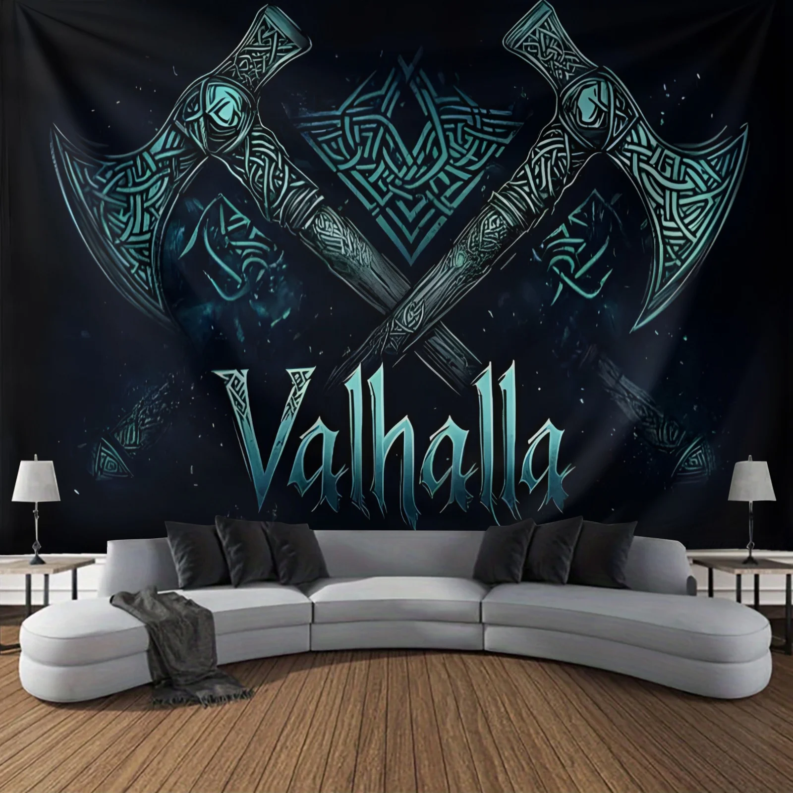 1 piece, Nordic Valhalla tapestry. Celtic knot and star dream wall hanging, axe design, bright blue and gold Celtic patterns