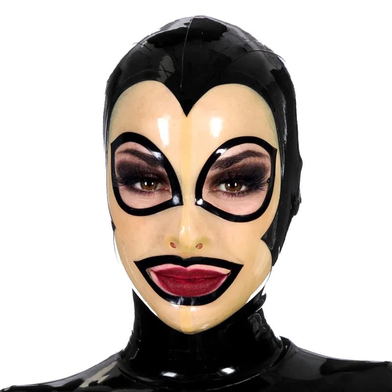 

Exotic Sexy Lingerie Unisex Female Men Handmade Customize Size Latex Black Spliced Clear Mask Open Eyes Mouth Hoods Back Zipper