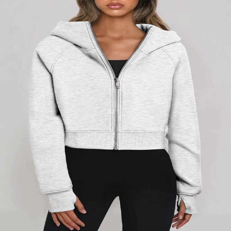 Women's Short Hoodie Jacket Long Sleeved Zipper Warm Coats Solid Color Casual Sweatshirts 2025 Autumn Winter Outerwears