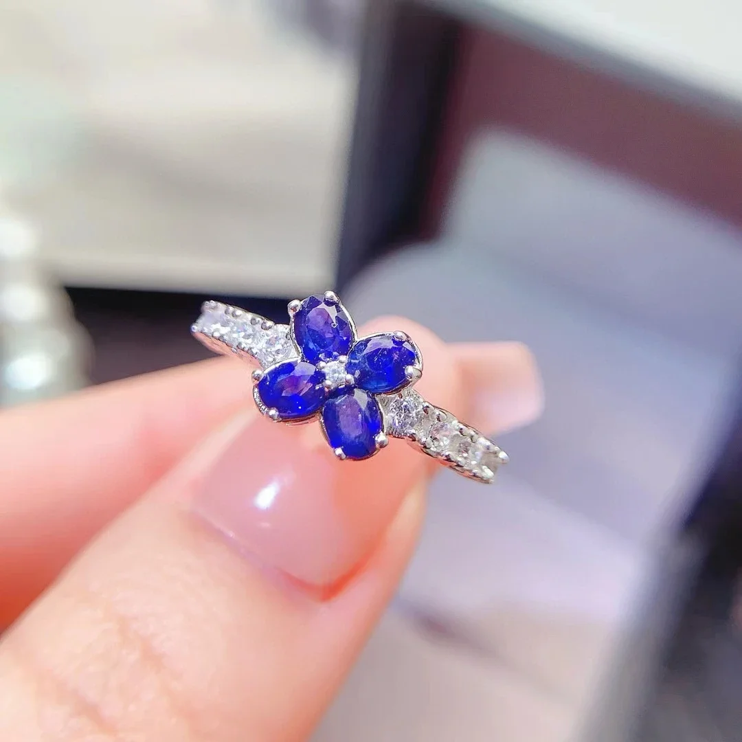 Natural Blue Sapphire Ring for Girl 3mm*4mm Total 0.5ct Sapphire 925 Silver Ring with 3 Layers 18K Gold Plating