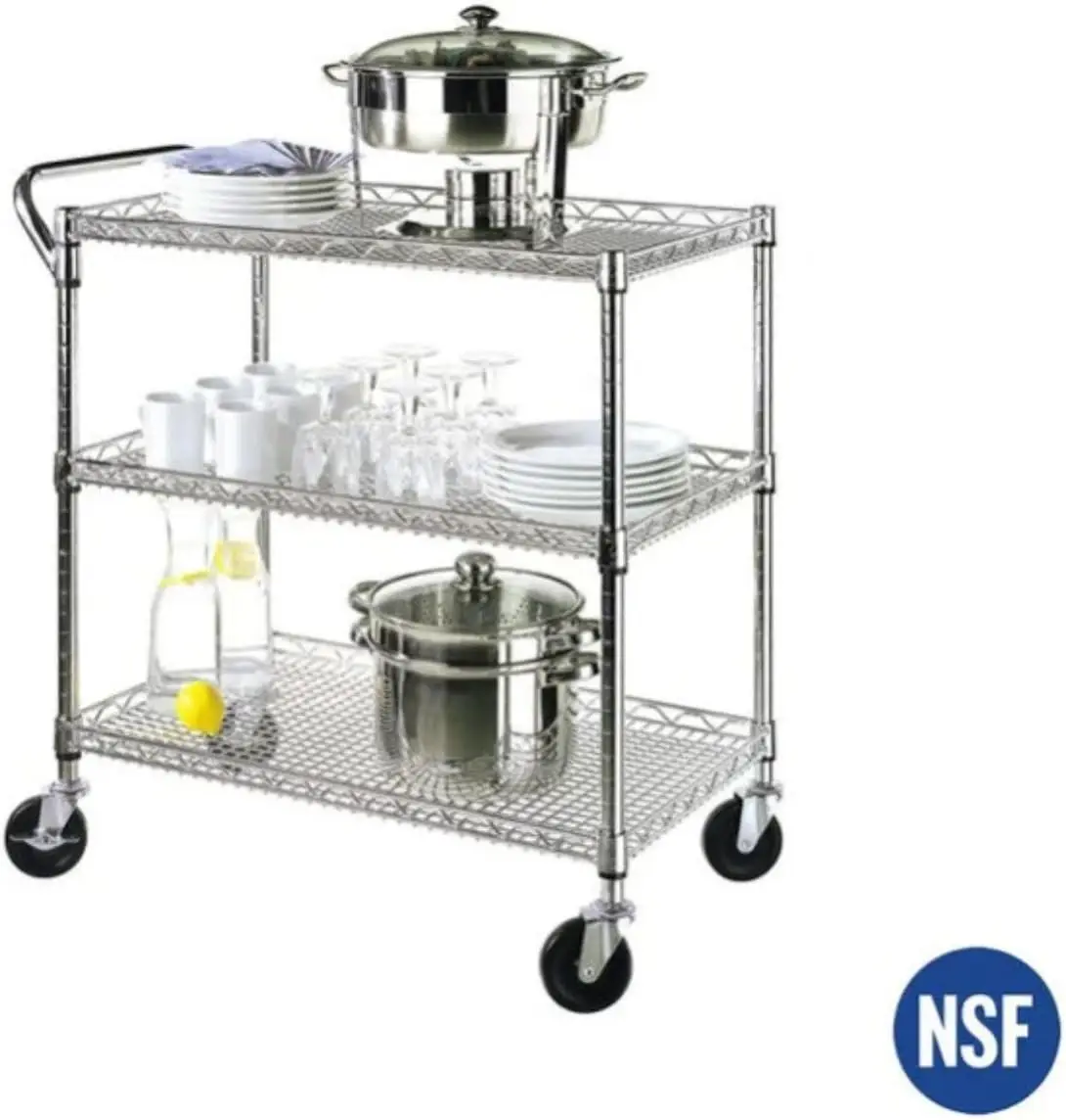 Heavy Duty 3 Tier Rolling Utility Cart Kitchen Cart On Wheels Metal Serving Cart Commercial Grade With Wire Shelving And Handle