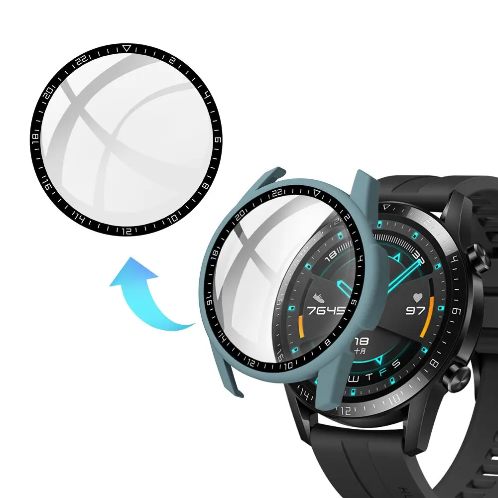 Full Coverage Screen Protector Frame PC Tempered Glass Cover Bumper Shell Dial Scale Protective Case For Huawei Watch GT 2 46mm