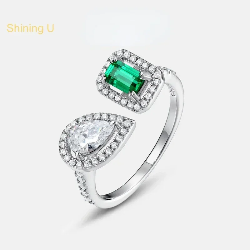 Shining U Vintage S925 Silver Synthetic Stone Created Emerald Ring for Women Open Ring Fine Jewelry