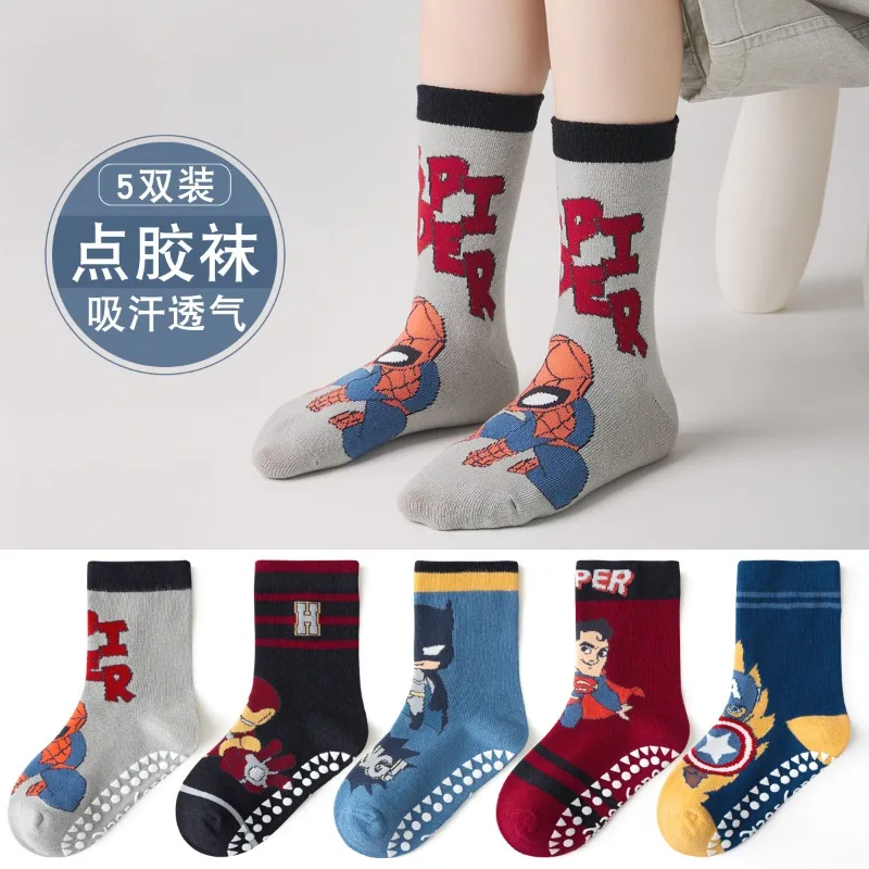 5 Pairs Marvel Kids Socks Spider-Man Kawaii Winter Cartoon Children Mid-length Socks Cotton Non-slip Thicken Sock for Boys Gifts