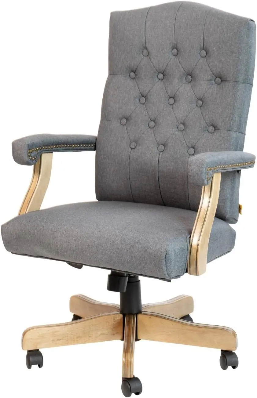 Traditional Office Chair - Gray Fabric Tufted Swivel Office Chair - Home Office Desk Chair with Driftwood Base