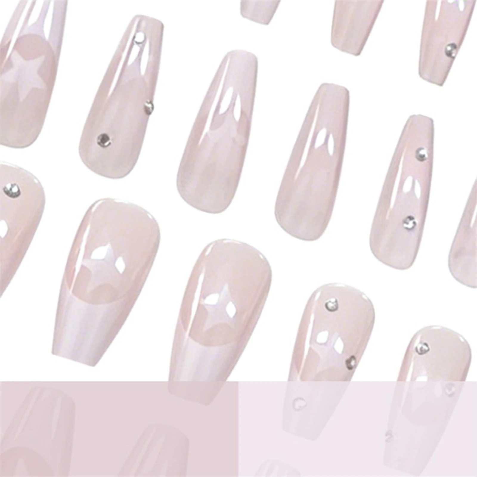 24pcs Mid-length Squared Fake Nails White French Style Gradient Five-pointed Stars Press On Nails Long Ballet Y2k False Nail