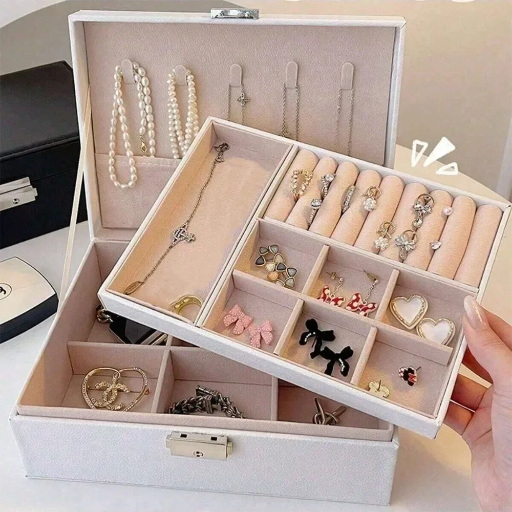 Lbarley Double-layer Large Capacity Jewelry Box Earrings Necklace Ring Jewelry PU Leather Jewelry Storage Box