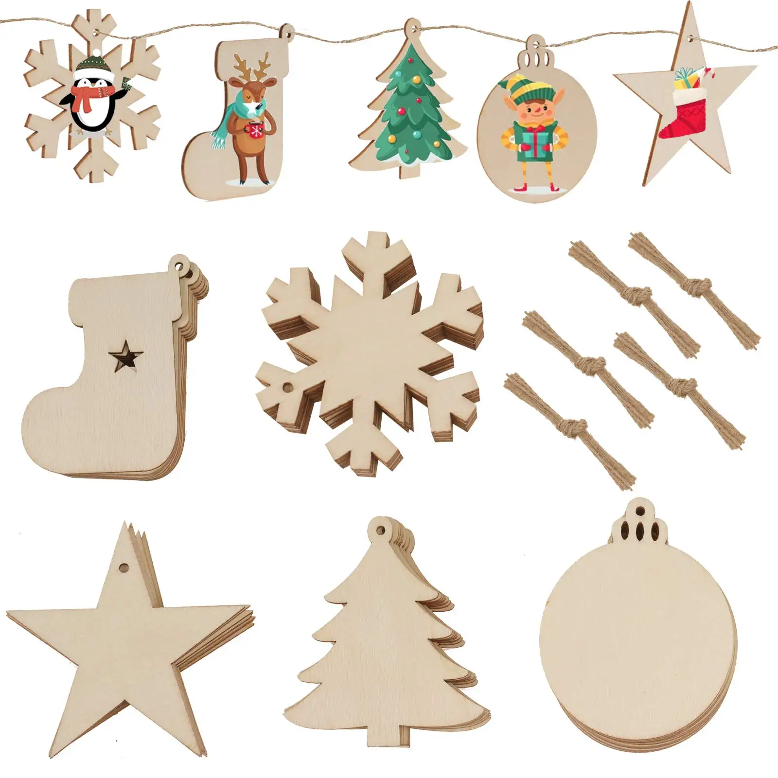 50-teiliges Weihnachtsbaumschmuck-Set aus Holz – 5 Stile Urlaubsdekorationen, einschließlich runder Holzscheiben, Schneeflocken