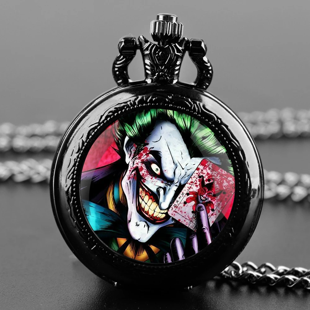 Joker Design Glass Dome Quartz Pocket Watch With Durable Chain Arabic Numeral Dial For Men And Women Creative Gifts