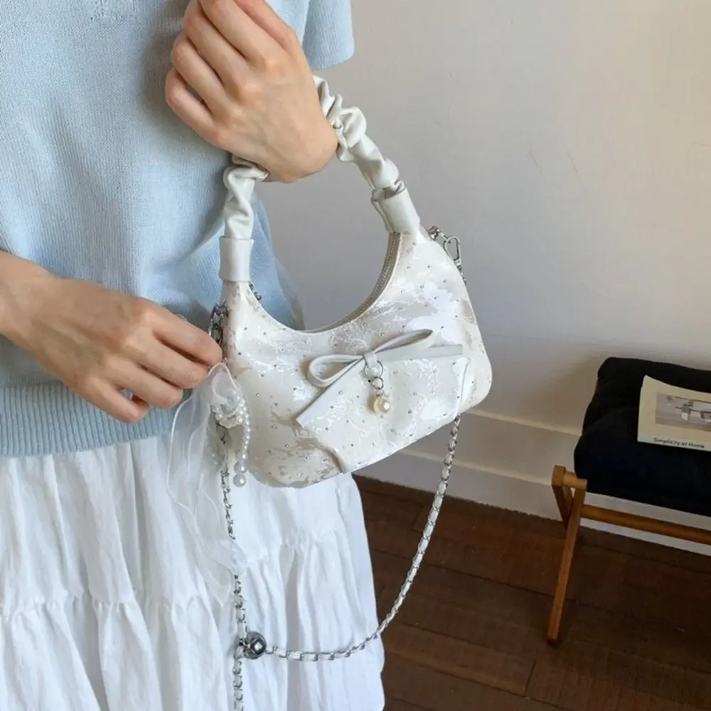 

Korean Elegant Bow Pleated Bag Stylish Versatile Ribbons Crossbody Bag Zipper Adjustable Strap Women's Handbag Girls