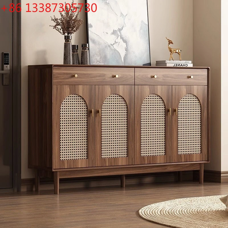 

Solid wood retro rattan shoe cabinet wooden frame home door living room simple storage